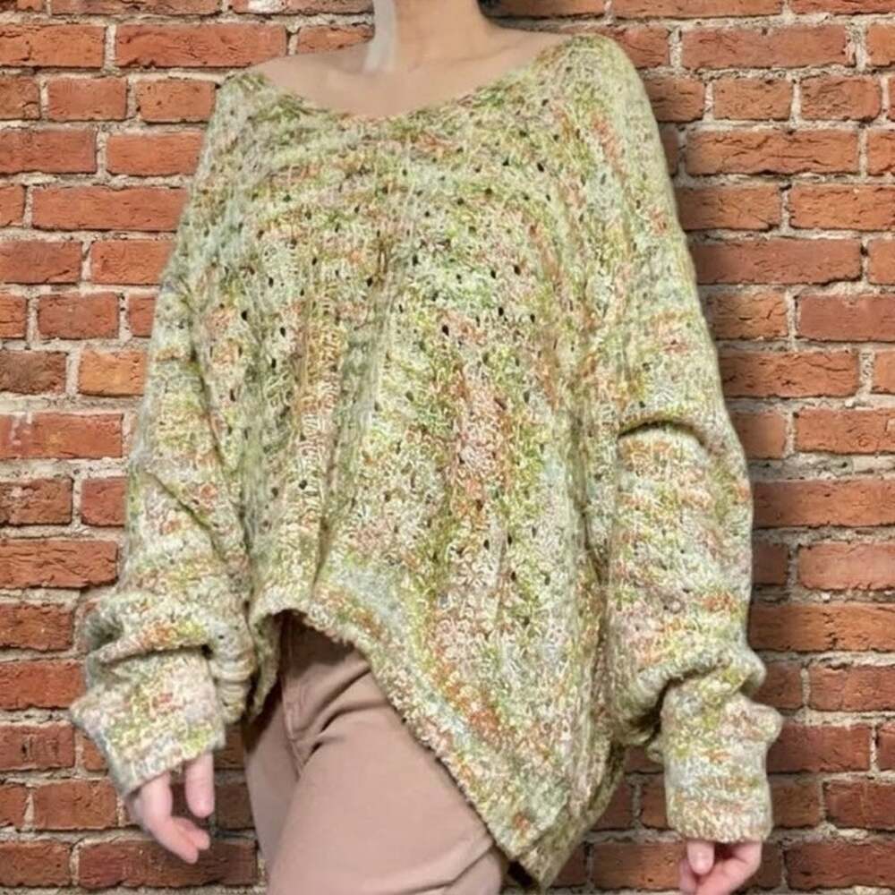 Free People Oversized Chunky Knit Sweater Green V-Neck Boho Slouchy Pullover L